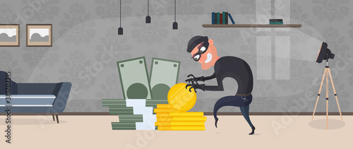 The robber steals money. The criminal steals gold coins. Robbery and finance security concept. Flat style, vector.