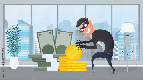 The robber steals money. The criminal steals gold coins. Robbery and finance security concept. Flat style, vector.