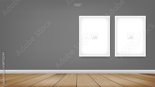 Empty photo frame or picture frame background in wooden room space background. For room design and interior decoration. Vector.