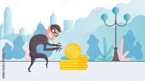 Robber and a mountain of gold coins. A criminal steals gold coins. Robbery and finance security concept. Flat style, Vector.