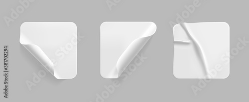 White square glued stickers with curled corners mock up set. Blank white adhesive square paper or plastic sticker label with wrinkled, crumpled effect. Blank template label tags. 3d realistic vector
