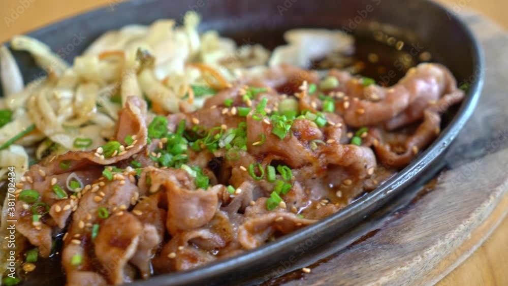 teriyaki pork in hot pan with cabbage - Japanese food style