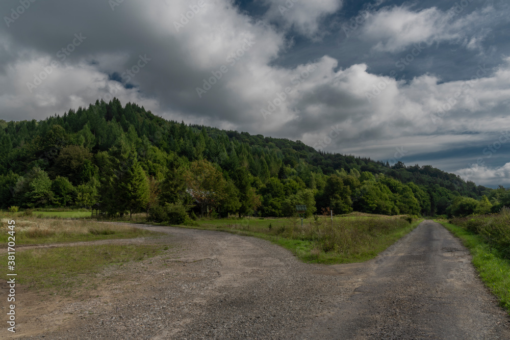 Green forests and road to Slovakia Poland border near national park Poloniny