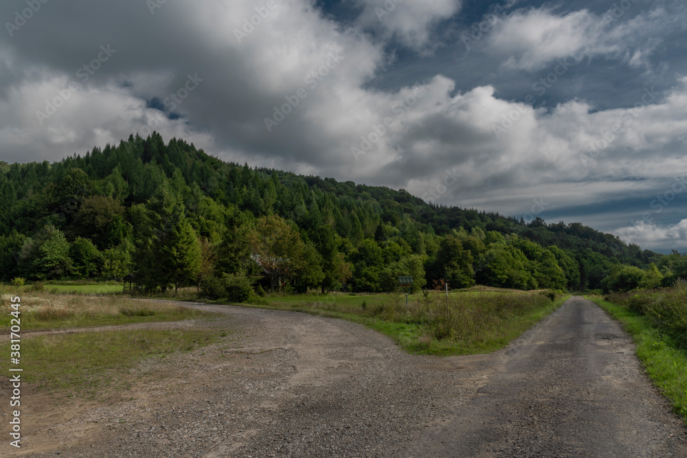 Green forests and road to Slovakia Poland border near national park Poloniny Green forests and road to Slovakia Poland border near national park Poloniny