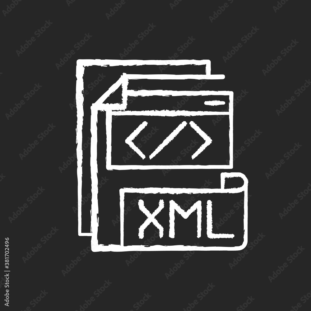 XML file chalk white icon on black background. Extensible markup language. Text editor. Storing and transport data. Conversion. Standard office file format. Isolated vector chalkboard illustration XML file chalk white icon on black background. Extensible markup language. Text editor. Storing and transport data. Conversion. Standard office file format. Isolated vector chalkboard illustration
