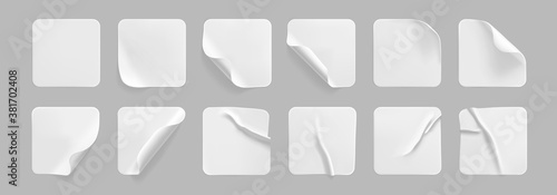 White square glued stickers with curled corners mock up set. Blank white adhesive square paper or plastic sticker label with wrinkled, crumpled effect. Blank template label tags. 3d realistic vector