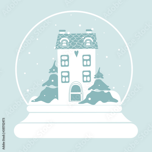 Vector christmas landescape with a house, fir and snowflakes in snow globe ball. Snowflakes in snowglobe ball isolated on gray background