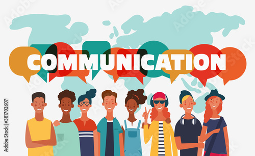 Group of young people with dialog speech bubbles. Communication, teamwork and connection vector concept
