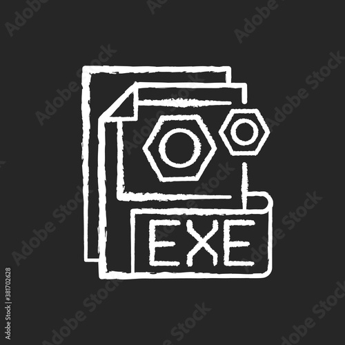 EXE file chalk white icon on black background. File format. Common filename extension. Executable file. Software installer. Computer program execution point. Isolated vector chalkboard illustration