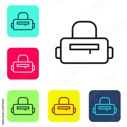 Black line Sport bag icon isolated on white background. Set icons in color square buttons. Vector.