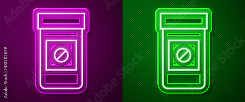 Glowing neon line Sports doping, anabolic drugs icon isolated on purple and green background. Anabolic steroids tablet. Pills in jar. Vector.