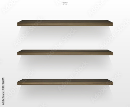 Empty wooden shelf on white background with soft shadow. Vector.