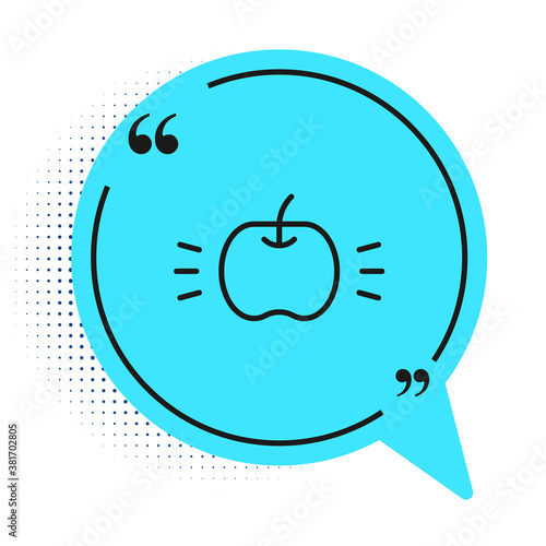 Black line Apple icon isolated on white background. Fruit with leaf symbol. Blue speech bubble symbol. Vector.