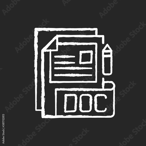 DOC file chalk white icon on black background. Document file format. Word processing software. Formatted text, images, tables, charts. Filename extension. Isolated vector chalkboard illustration