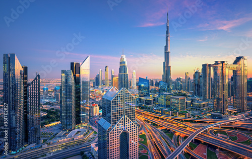 Dubai city center skyline with luxury skyscrapers, United Arab Emirates photo