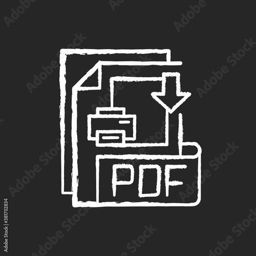 PDF file chalk white icon on black background. Portable document format. Text formatting and images, multimedia elements. File extension. Graphics. Isolated vector chalkboard illustration