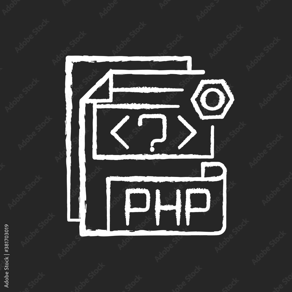 PHP file chalk white icon on black background. Source code file. Hypertext Preprocessor code. Webpage files. String, integer, floating point number. Isolated vector chalkboard illustration PHP file chalk white icon on black background. Source code file. Hypertext Preprocessor code. Webpage files. String, integer, floating point number. Isolated vector chalkboard illustration