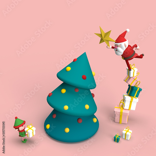 Illustration 3D d'un père Noël essayant de mettre en haut du sapin de Noël une étoile pour décoration photo