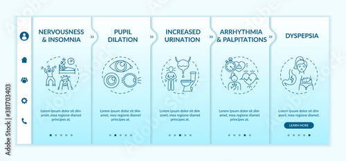 Energetics negative health effects onboarding vector template. Nervousness. Dyspepsia. Palpitations. Responsive mobile website with icons. Webpage walkthrough step screens. RGB color concept