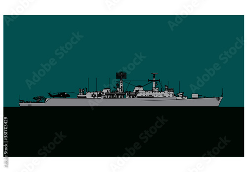 Royal Navy. County-class guided missile destroyer. Navy escort ship. Vector image for illustrations and infographics.