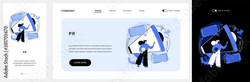 PR website UI kit. Public relations service, promotion strategy, website element, menu bar, corporate event, newsletter, PR, user interface, communication landing and mobile app vector UI template.