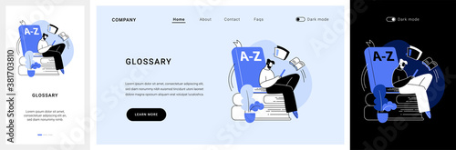 Glossary website UI kit. Website element, company web page, menu bar, reference source, terms and explanations, glossary, professional dictionary, UI landing and mobile app vector UI template. photo