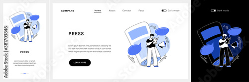 Press website UI kit. Press about us, articles and publications, company mentions, website menu bar element, UI, corporate news, landing page, interface landing and mobile app vector UI template.