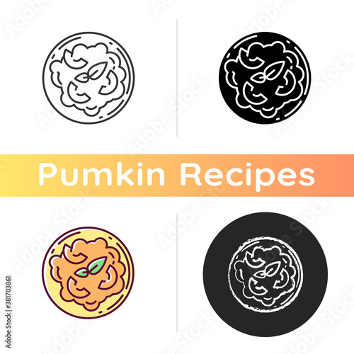Pumpkin risotto icon. Linear black and RGB color styles. Restaurant menu for halloween, gourmet thanksgiving meal. Traditional italian rice dish with gourd. Isolated vector illustrations