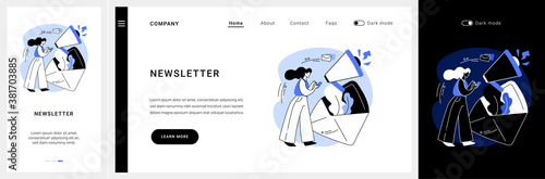 Newsletter website UI kit. Subscribe for latest news, newsletter website tab, menu bar, UI, get updates, company web page, sign for promotion, news mail landing and mobile app vector UI template.