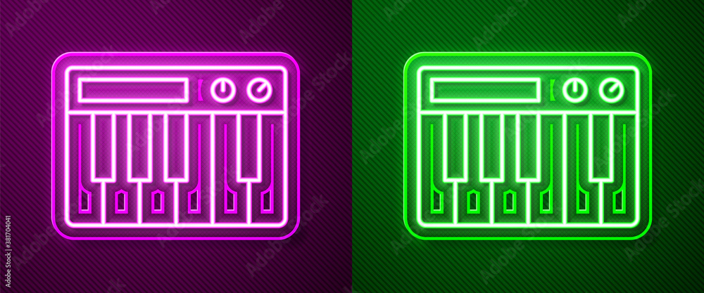 Glowing neon line Music synthesizer icon isolated on purple and green background. Electronic piano. Vector. Glowing neon line Music synthesizer icon isolated on purple and green background. Electronic piano. Vector.