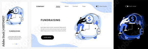 Fundraising website UI kit. Business fundraising, corporate website, menu bar, UI, startup investment, financial institution, croudfounding, find funds landing and mobile app vector UI template.