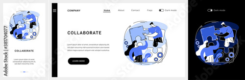 Collaboration website UI kit. Business partnership, collaboration project, corporate website, menu tab, work together, available project, user experience landing and mobile app vector UI template.
