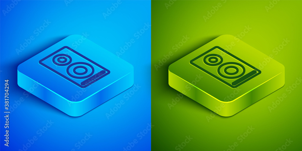 Isometric line Stereo speaker icon isolated on blue and green background. Sound system speakers. Music icon. Musical column speaker bass equipment. Square button. Vector. Isometric line Stereo speaker icon isolated on blue and green background. Sound system speakers. Music icon. Musical column speaker bass equipment. Square button. Vector.