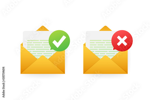 Two envelope with approved and rejected letters. Vector illustration.