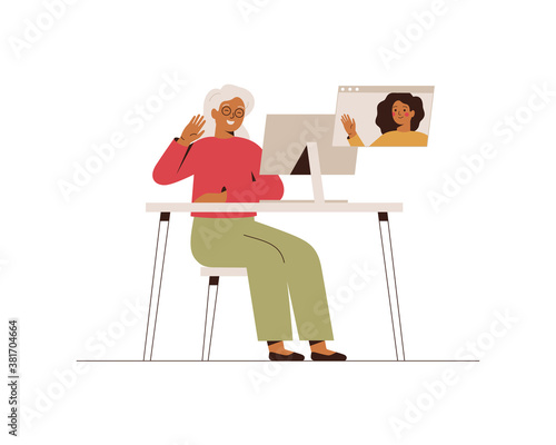 Senior woman has a video call with her adult daughter. Happy grandmother makes online conversation with her grandchild at the computer. Family web communication. Vector illustration