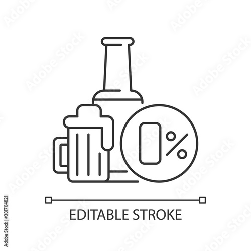 Non alcoholic beer pixel perfect linear icon. Safe drink. Bottled spirit in bar. Pub menu. Thin line customizable illustration. Contour symbol. Vector isolated outline drawing. Editable stroke