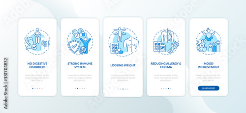Probiotics benefits onboarding mobile app page screen with concepts. No digestive disorders, strong immunity walkthrough 5 steps graphic instructions. UI vector template with RGB color illustrations