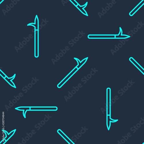 Green line Metal pike pole with wooden handle icon isolated seamless pattern on blue background. Spear, pickaxe, hook hand extinguishing instrument and tool for fireman. Vector.