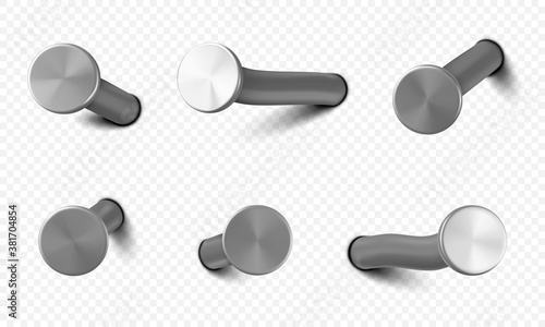 Nails hammered into wall, steel or silver pin heads, straight and bent metal hardware spikes or hobnails with grey caps top view isolated on transparent background. Realistic 3d vector icons set photo