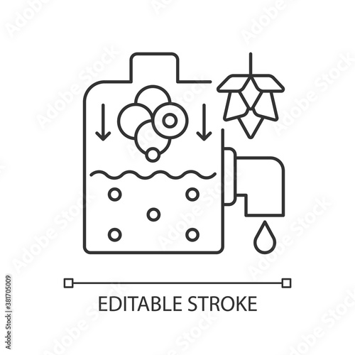 Lautering pixel perfect linear icon. Beer fermentation from hops. Brewery automated production. Thin line customizable illustration. Contour symbol. Vector isolated outline drawing. Editable stroke