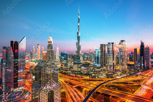 Dubai city center skyline with luxury skyscrapers, United Arab Emirates