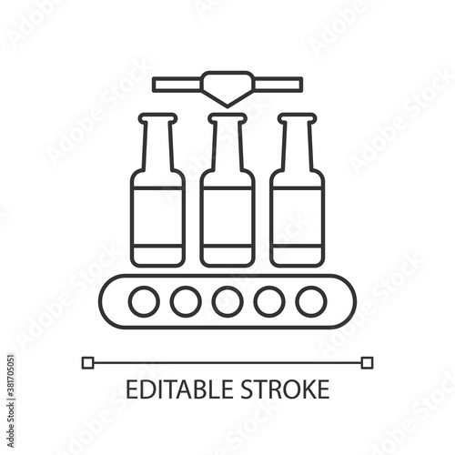 Bottling pixel perfect linear icon. Alcohol production. Packing beverage on conveyor belt. Thin line customizable illustration. Contour symbol. Vector isolated outline drawing. Editable stroke
