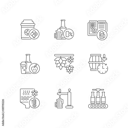 Brewing beer process pixel perfect linear icons set. Industrial production of alcoholic drinks. Customizable thin line contour symbols. Isolated vector outline illustrations. Editable stroke
