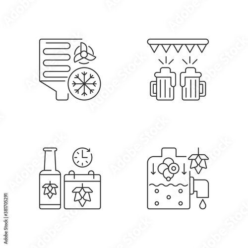 Brewery production pixel perfect linear icons set. Cooling step in beer production process. Customizable thin line contour symbols. Isolated vector outline illustrations. Editable stroke