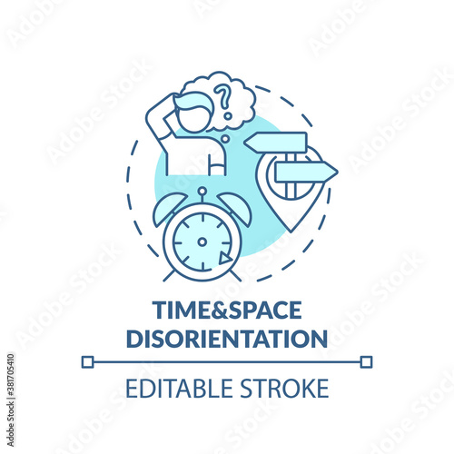 Time and space disorientation turquoise concept icon. Patient with confusion. Sign of dementia. Brain health idea thin line illustration. Vector isolated outline RGB color drawing. Editable stroke
