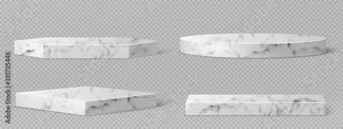 Marble pedestals or podium, abstract geometric empty museum stages, stone exhibit displays for award ceremony or product presentation. Gallery platform, blank product stands, Realistic 3d vector set