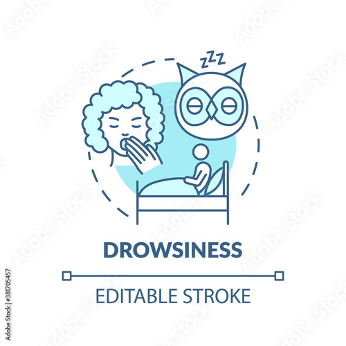 Drowsiness turquoise concept icon. Sleepiness from overwork. Lack of sleep. Weakness at night. Brain health idea thin line illustration. Vector isolated outline RGB color drawing. Editable stroke