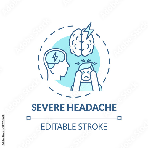 Severe headache turquoise concept icon. Migraine pain. Suffer from tension in head. Brain health idea thin line illustration. Vector isolated outline RGB color drawing. Editable stroke