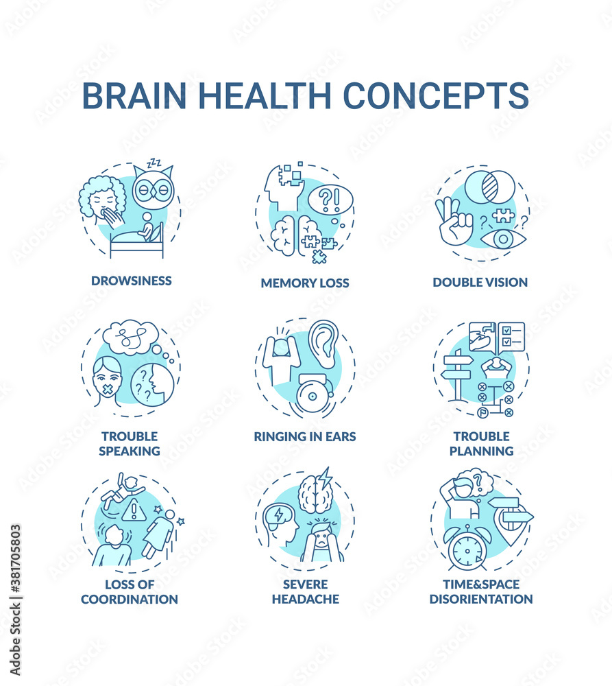 Brain health turquoise concept icons set. Lack of sleep. Memory loss. Double vision. Health care idea thin line RGB color illustrations. Vector isolated outline drawings. Editable stroke