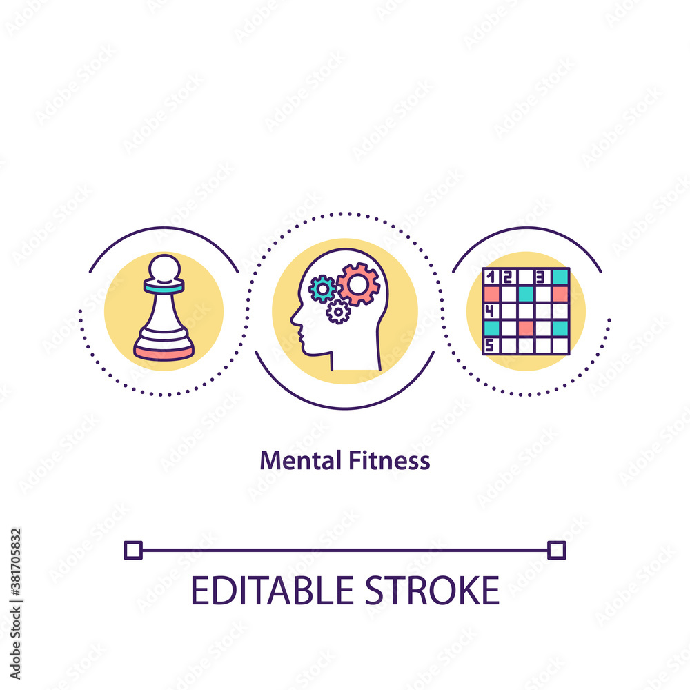 Mind fitness concept icon. Brain development, memory improvement techniques idea thin line illustration. Intellectual and creative games. Vector isolated outline RGB color drawing. Editable stroke